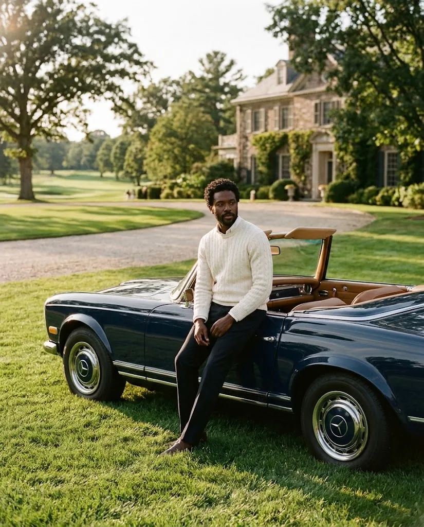 A man in a cream cable-knit sweater sitting on a dark blue vintage convertible on a manicured lawn, a country house behind.