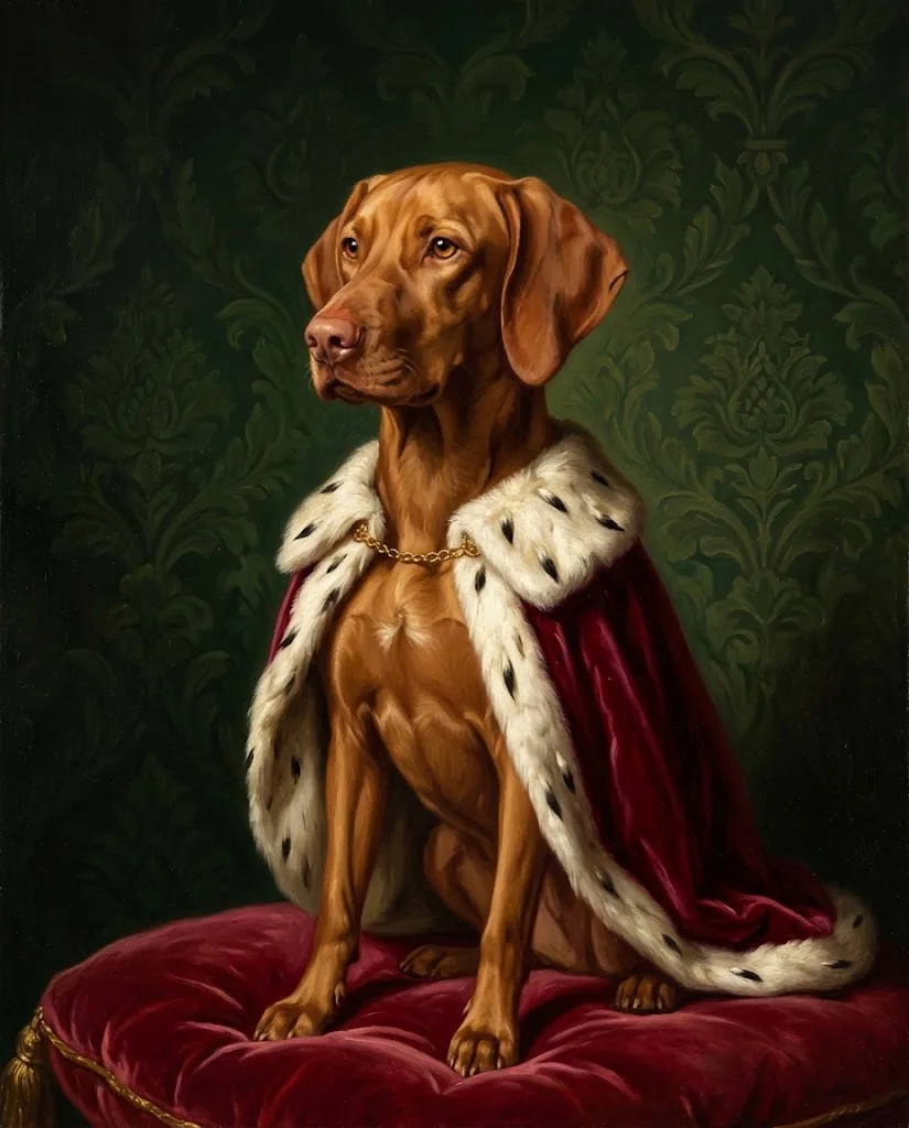 A red-brown short-haired dog sits on a crimson velvet cushion in an ermine-trimmed red cape and a thin gold chain, painted in oils against dark green damask.