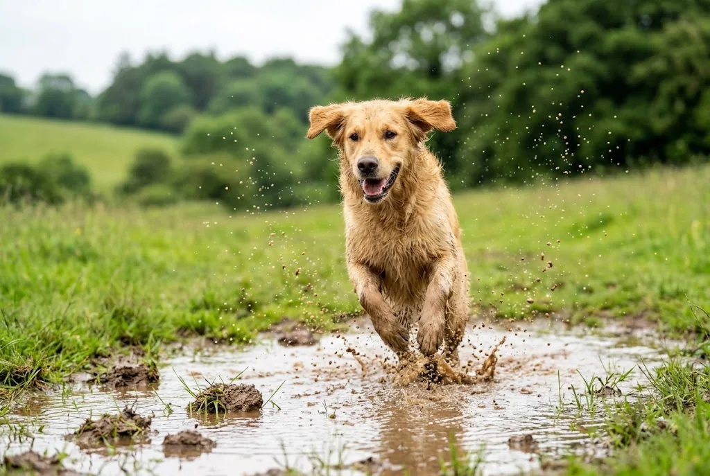 A golden retriever runs through a muddy puddle in a green meadow towards the camera, ears up and mouth open, mud flying around its legs.