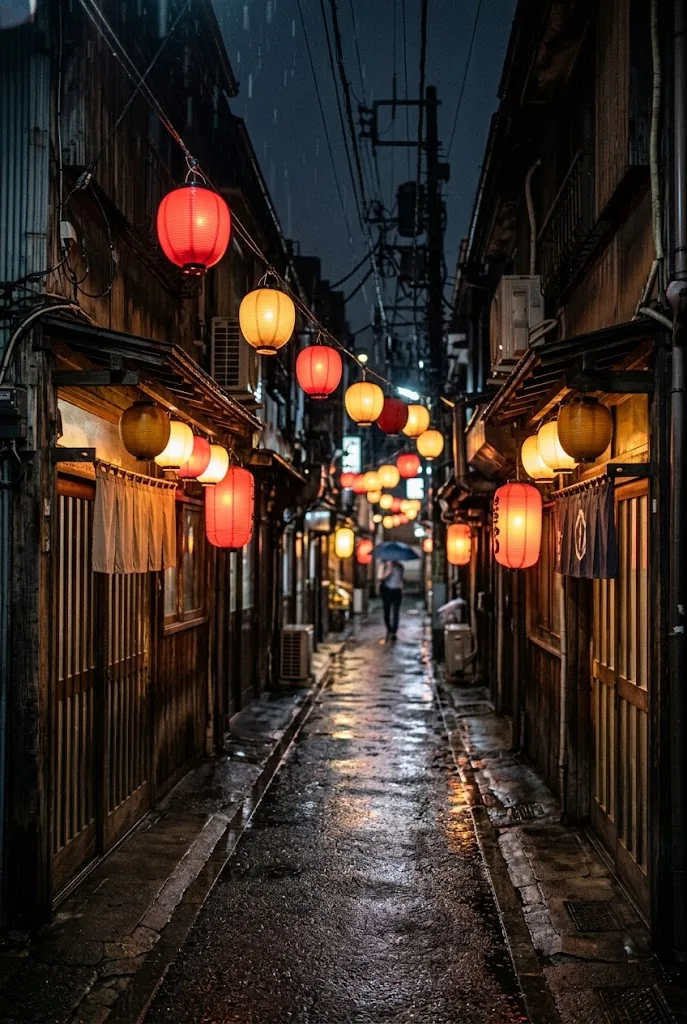 A narrow Tokyo alley at night with small wooden bars and eateries, red and warm paper lanterns overhead and wet paving reflecting their light.