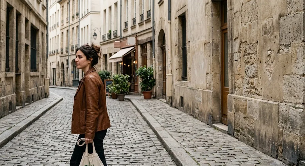 A woman in a brown leather jacket walks along an empty cobbled street between old stone buildings, with no car anywhere in the frame.