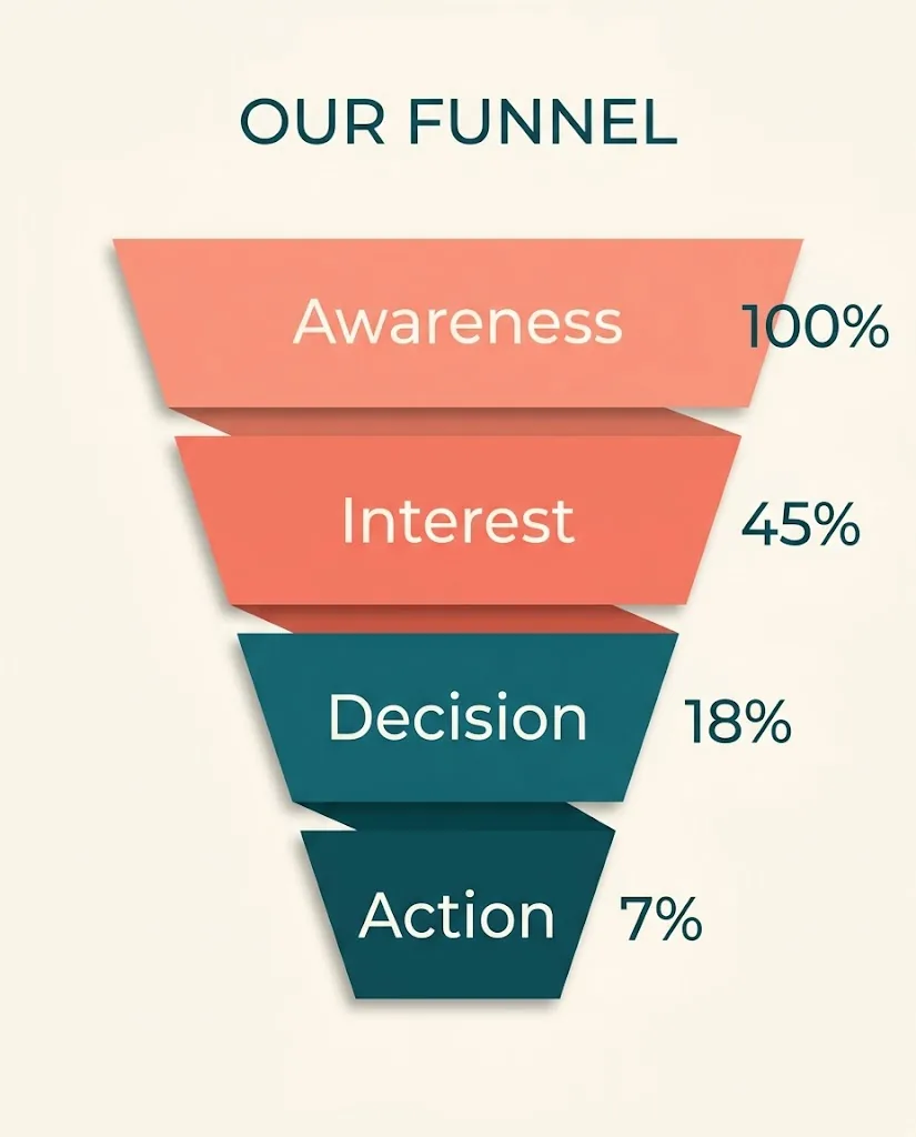 A funnel titled OUR FUNNEL with four bands from coral at the top to dark teal at the bottom: Awareness 100%, Interest 45%, Decision 18% and Action 7%.