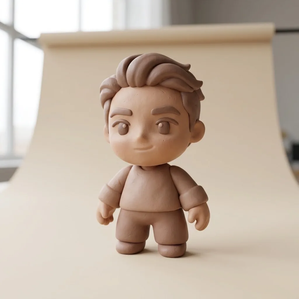 A hand-pressed clay chibi figure of a young man with swept brown hair, its head as large as its body, standing on a paper backdrop in soft window light.