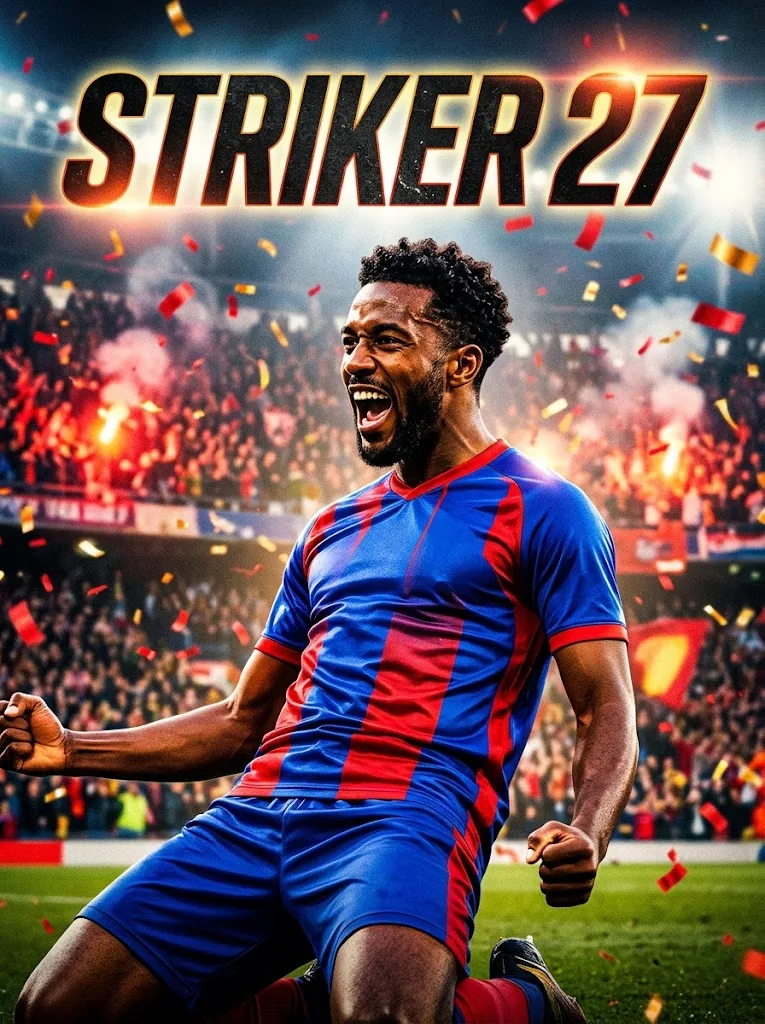 A football video game cover titled Striker 27 of a man in a blue and red kit celebrating on his knees in a stadium with flares and confetti.