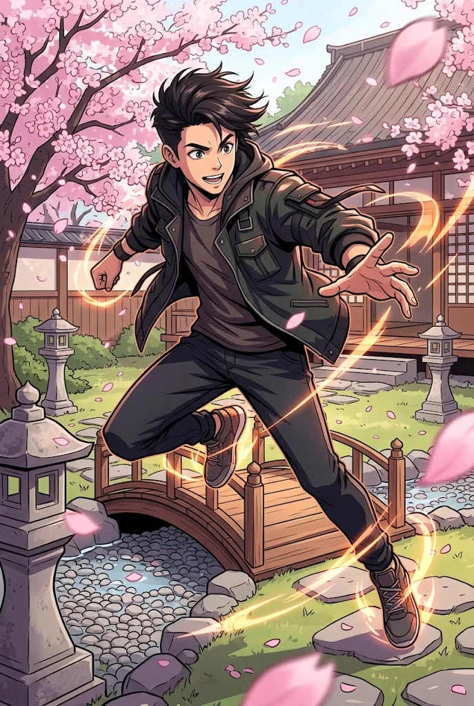 A modern anime illustration of a young man in a dark jacket leaping through a courtyard of cherry blossoms, with glowing swirls around him.