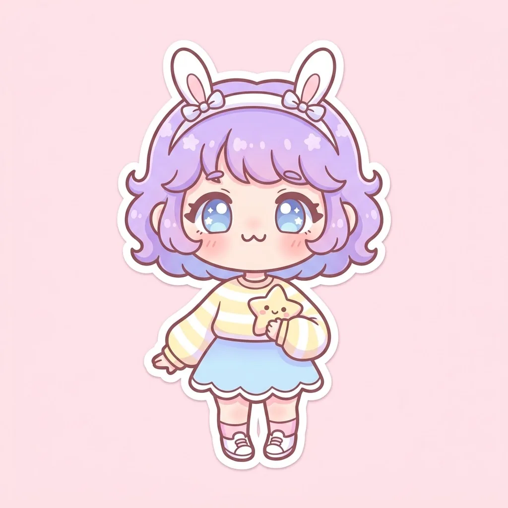 A chibi girl with lilac hair, a bunny-ear headband and big blue eyes, in a striped sweater and blue skirt, as a sticker on a pink background.