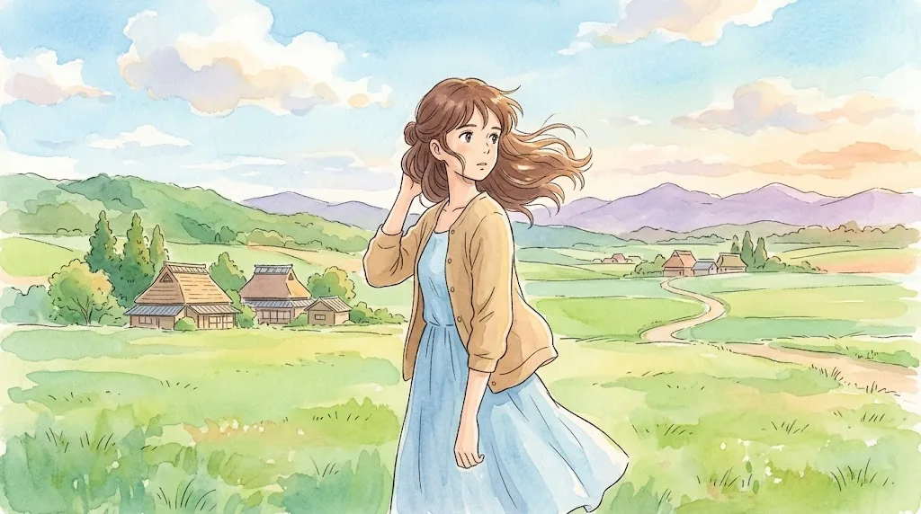 A soft anime painting of a woman with long brown hair in a blue dress and yellow cardigan, standing in a windswept green field with farmhouses and hills behind her.
