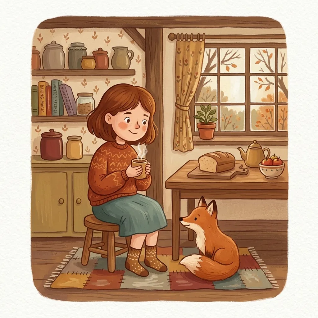 A gouache illustration of a girl with a brown bob in an orange jumper, sitting on a stool in a cosy kitchen with a mug, a fox at her feet.