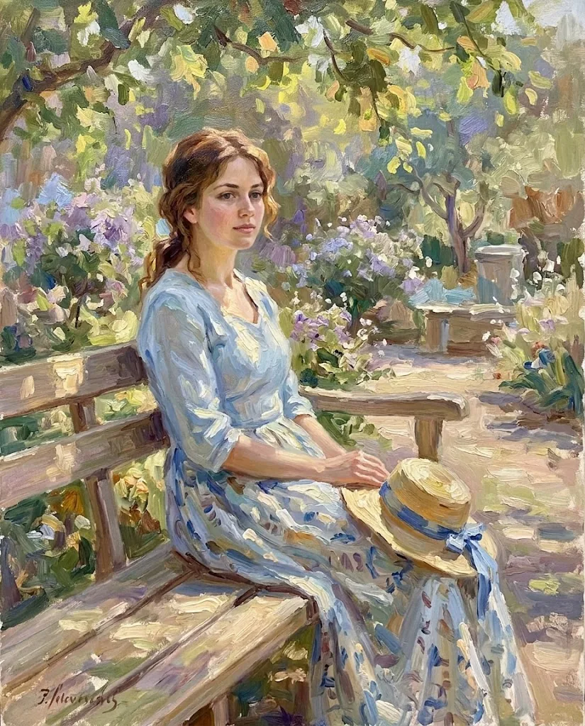 An Impressionist painting of a young woman in a pale blue dress on a wooden garden bench, a straw hat in her lap, in dappled light among lilac bushes; a painted signature sits in the lower left corner.