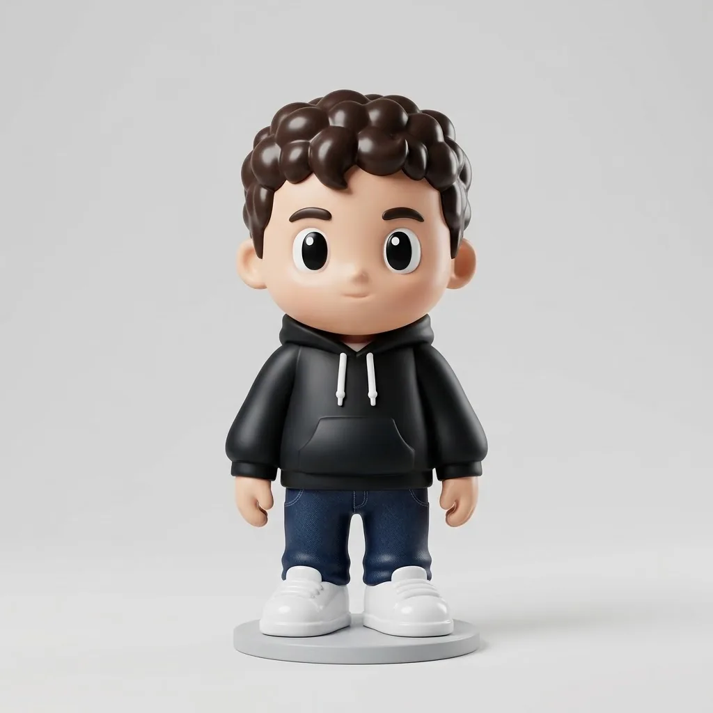 A vinyl toy of a young man with curly dark hair and big eyes, in a black hoodie, jeans and white sneakers, standing on a round base in a clean studio.