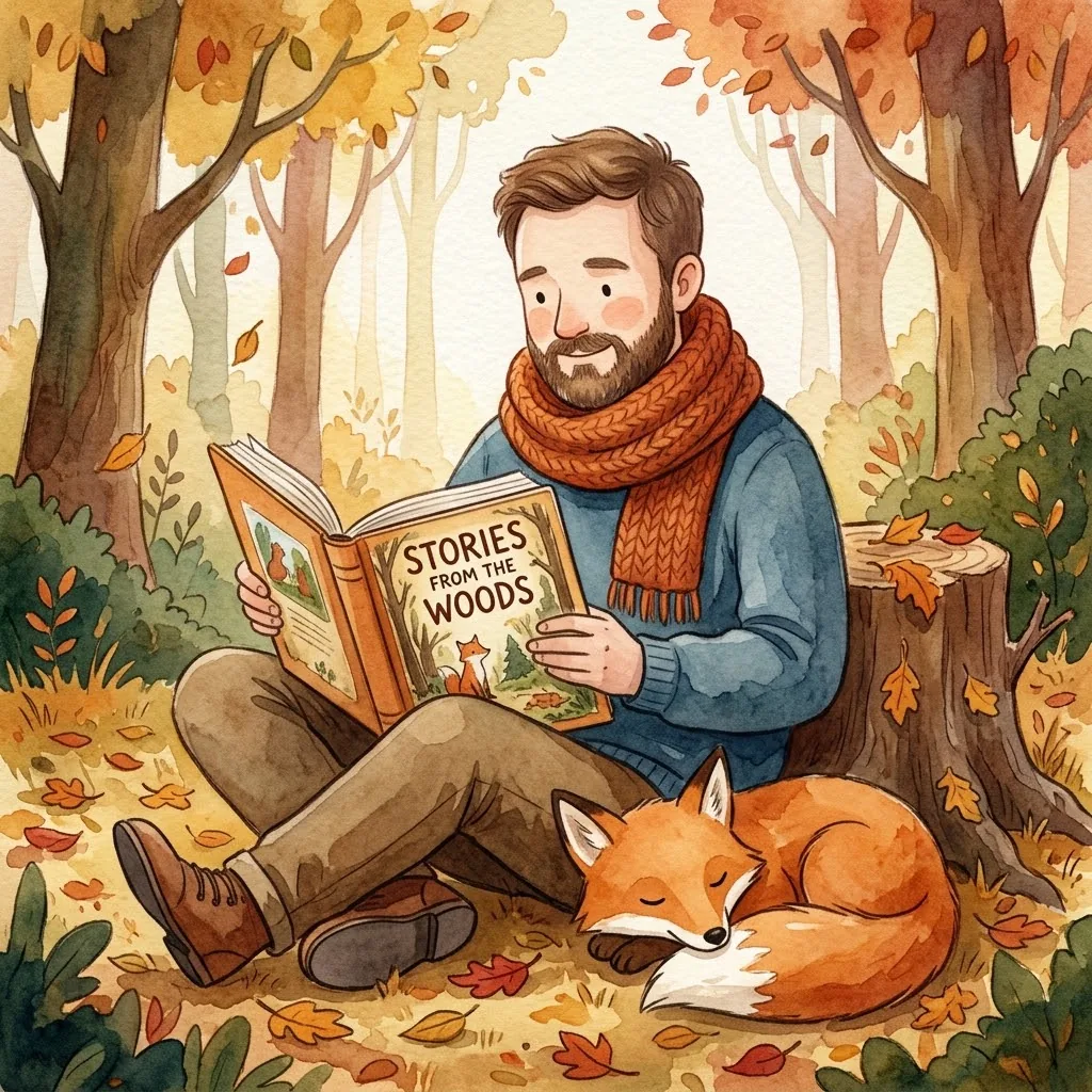 A watercolour illustration of a bearded man in a rust-coloured knitted scarf reading a book under autumn trees, with a sleeping fox beside him.