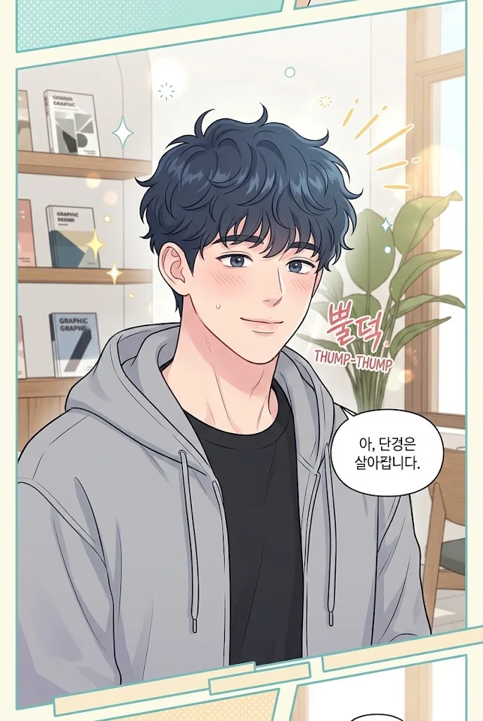A Korean webtoon panel of a young man with dark wavy hair in a grey hoodie, with a Korean speech bubble and a sound effect beside him.