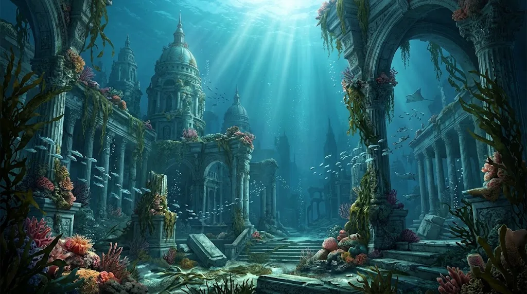An underwater ruined city of domed towers and marble arches covered in coral and kelp, with sunlight shafts from above.