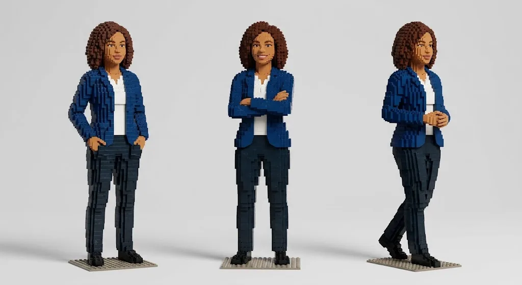 Three brick-built figures of the same curly-haired woman in a navy blazer and dark trousers: hands in pockets, arms crossed, and mid-step.