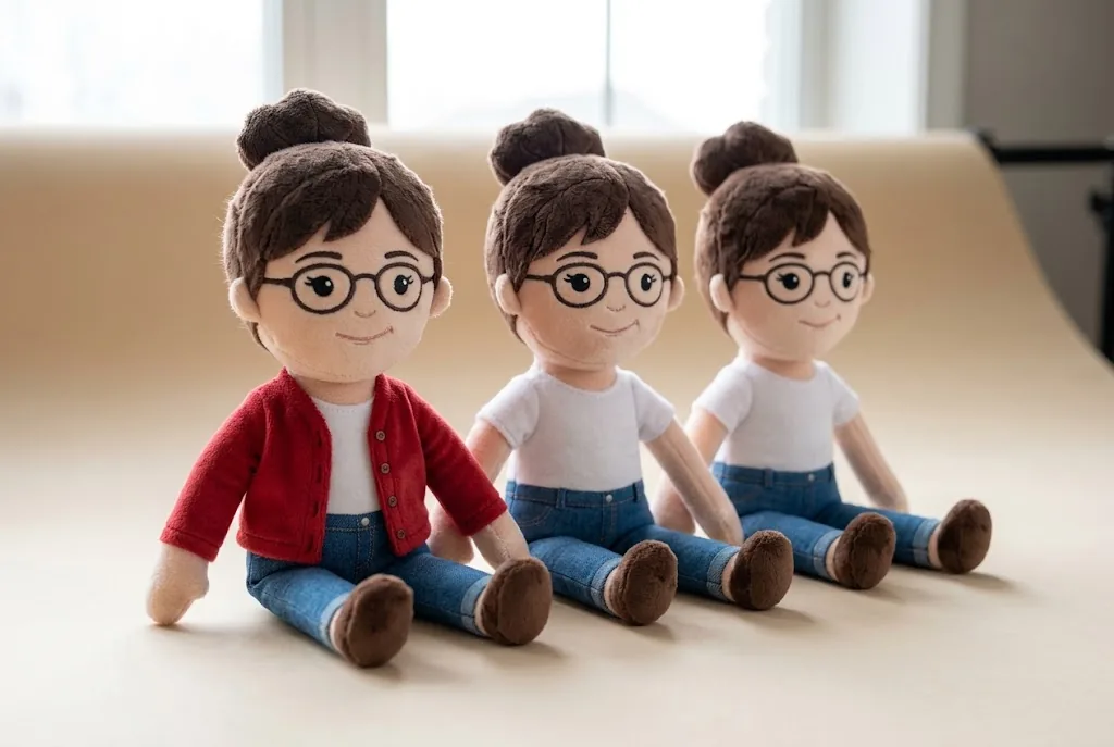 Three plush toys with glasses and buns of dark hair sit in a row; the first wears a red jacket, the other two plain white shirts.