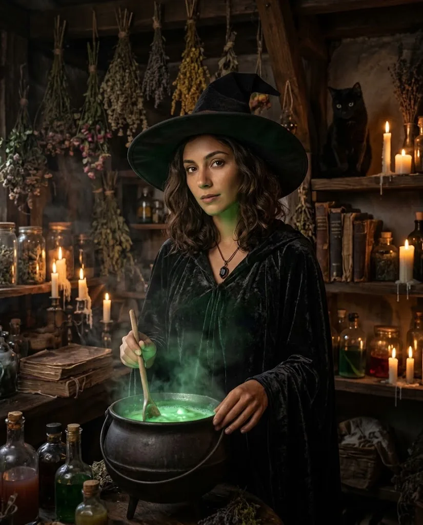 A woman in a black witch's hat and cloak stirring a glowing green potion in a cauldron, in a candlelit room with dried herbs, jars, books and a black cat.