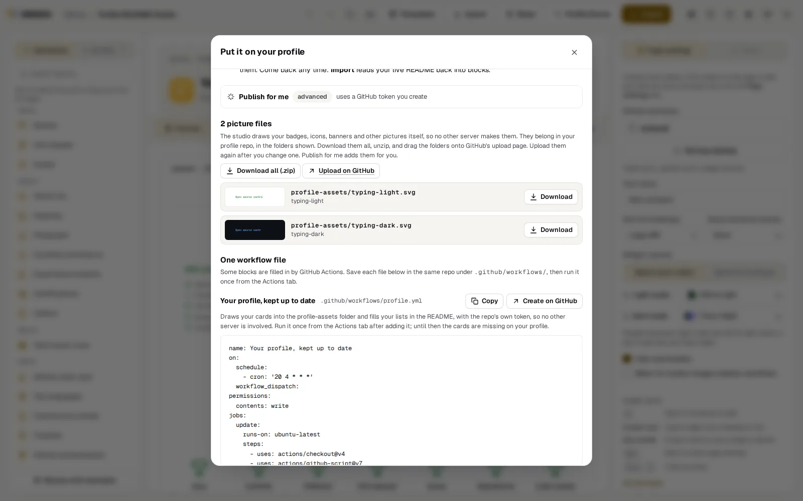 The Export dialog with the profile workflow, its path .github/workflows/profile.yml and its contents