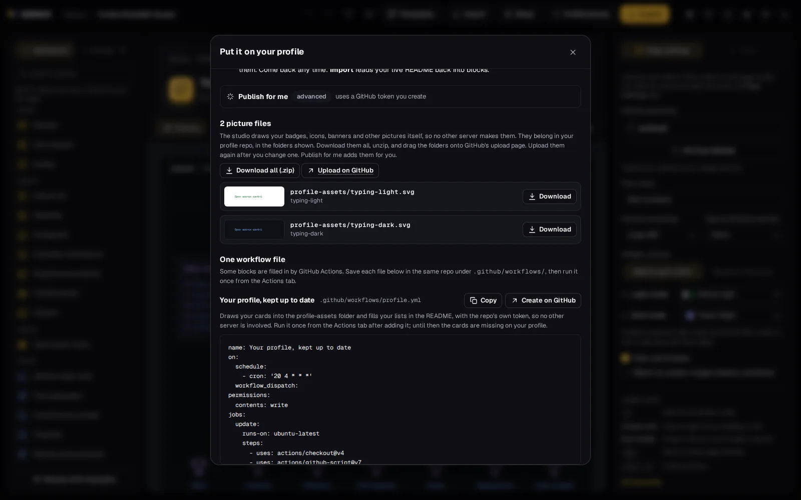 The Export dialog with the profile workflow, its path .github/workflows/profile.yml and its contents