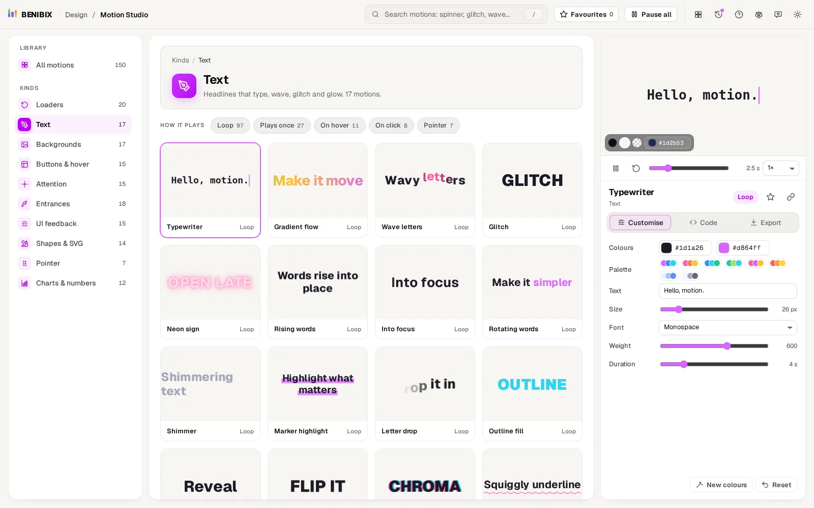 Motion Studio with the Text kind open: headlines that type, wave, glitch and glow, all playing in the grid