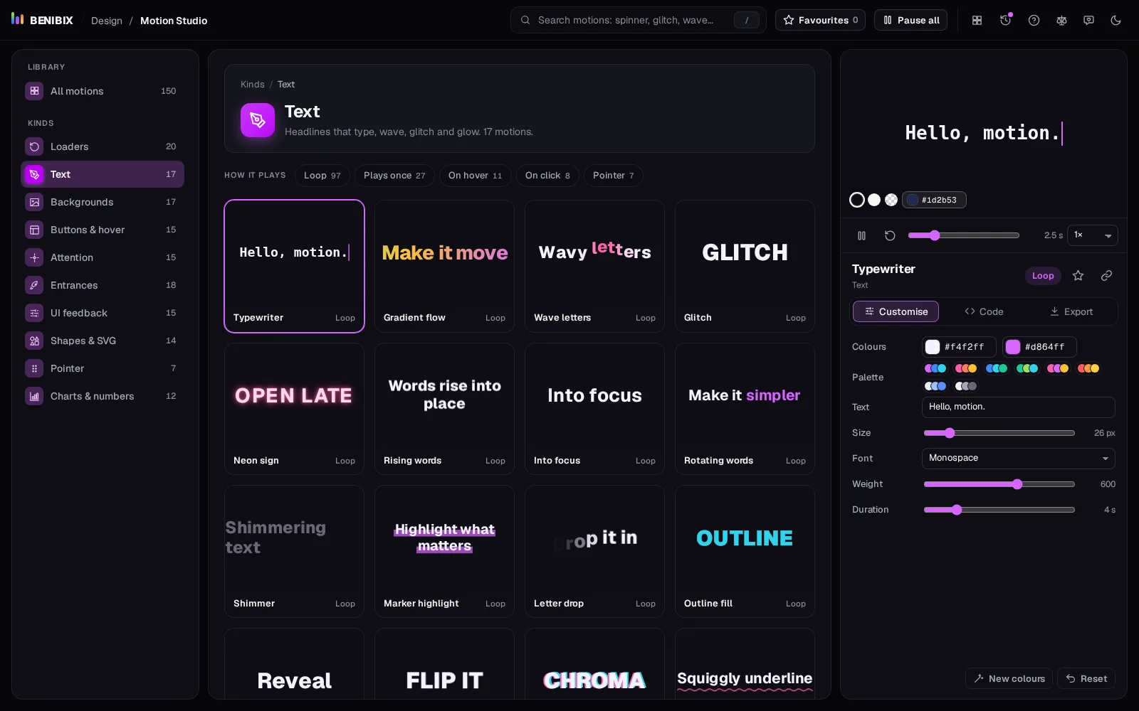 Motion Studio with the Text kind open: headlines that type, wave, glitch and glow, all playing in the grid