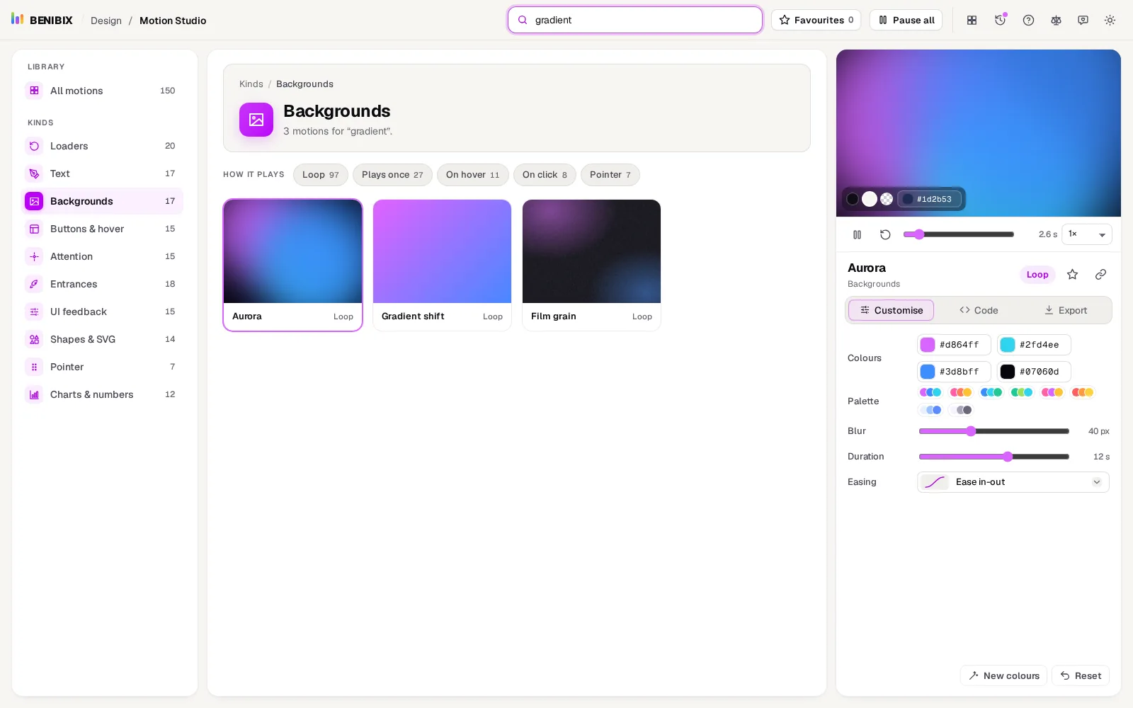 The Backgrounds kind with gradient typed in the search box: Aurora, Gradient shift and Film grain are the only cards left