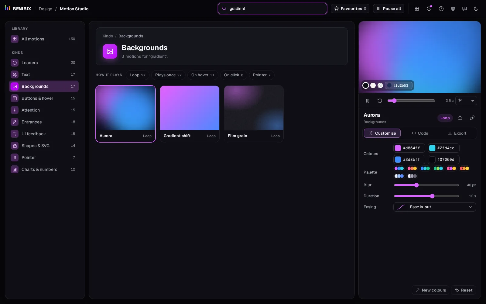 The Backgrounds kind with gradient typed in the search box: Aurora, Gradient shift and Film grain are the only cards left