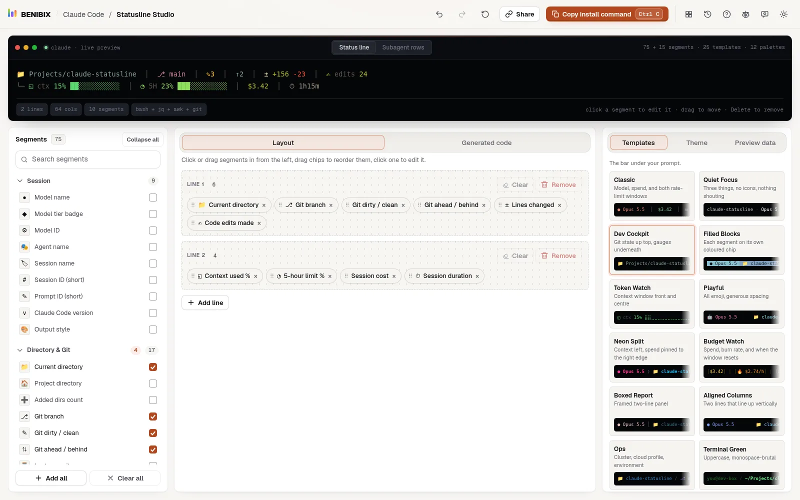 Statusline Studio with a template loaded: the segments on the left, the live preview and the layout in the middle, templates on the right