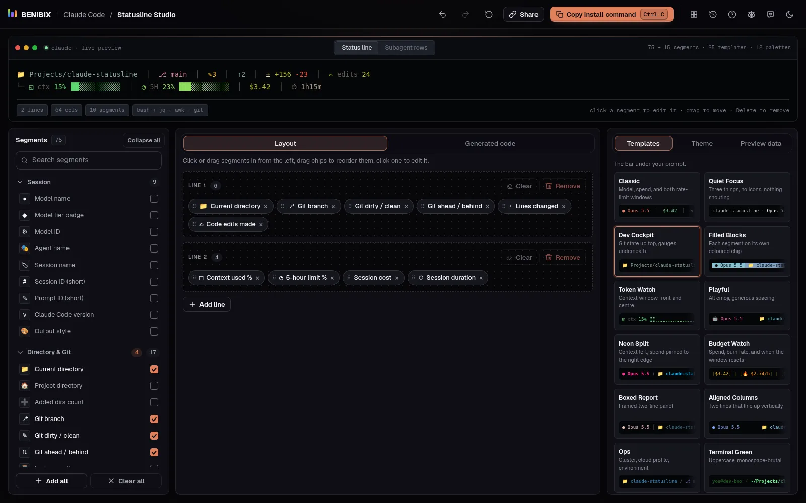 Statusline Studio with a template loaded: the segments on the left, the live preview and the layout in the middle, templates on the right
