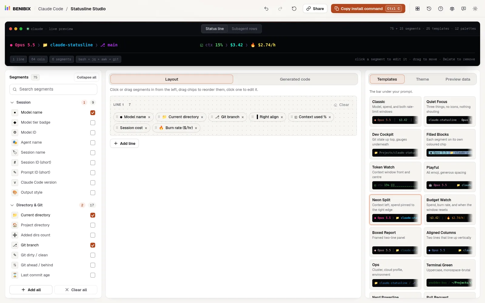 Neon Split loaded from the Templates panel: the preview shows the model and folder on the left and the cost pinned to the right