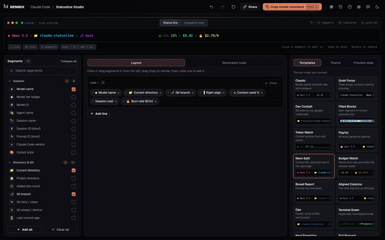 Neon Split loaded from the Templates panel: the preview shows the model and folder on the left and the cost pinned to the right