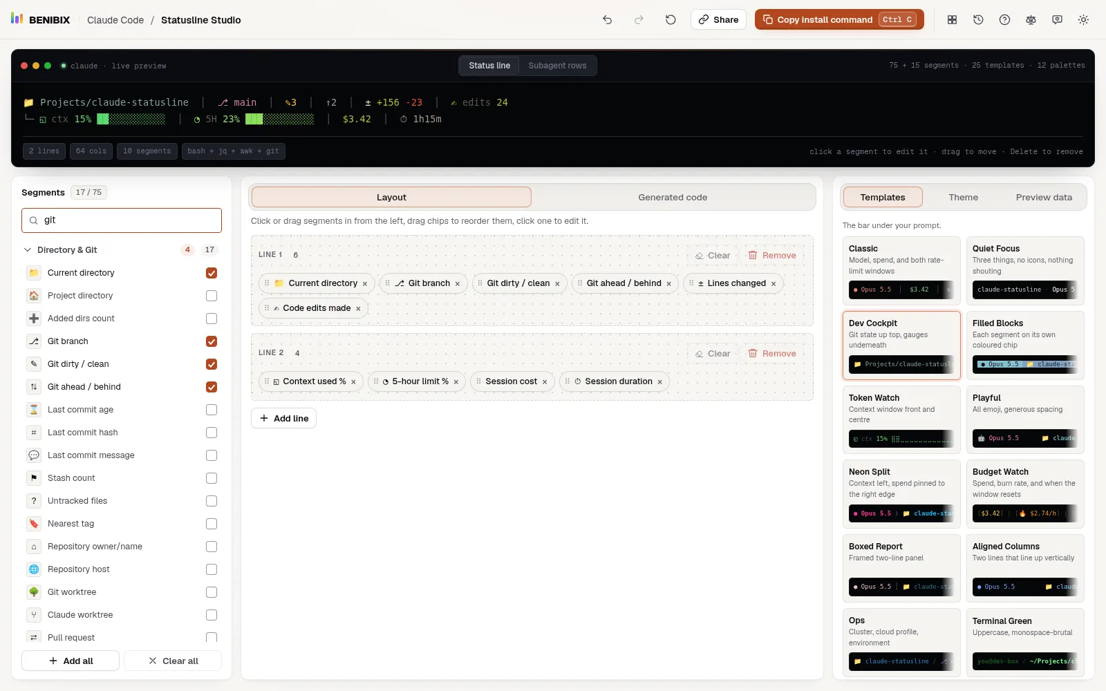 The Segments list searched for git: the Directory & Git group, with the segments already placed ticked