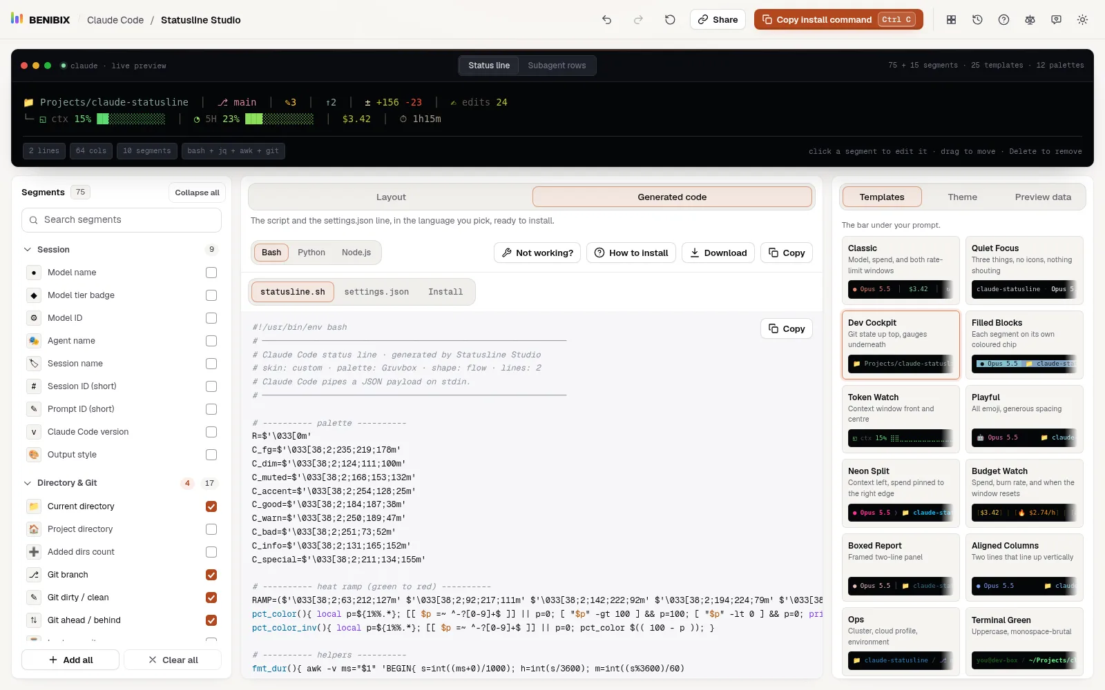 The generated code tab showing the Bash script