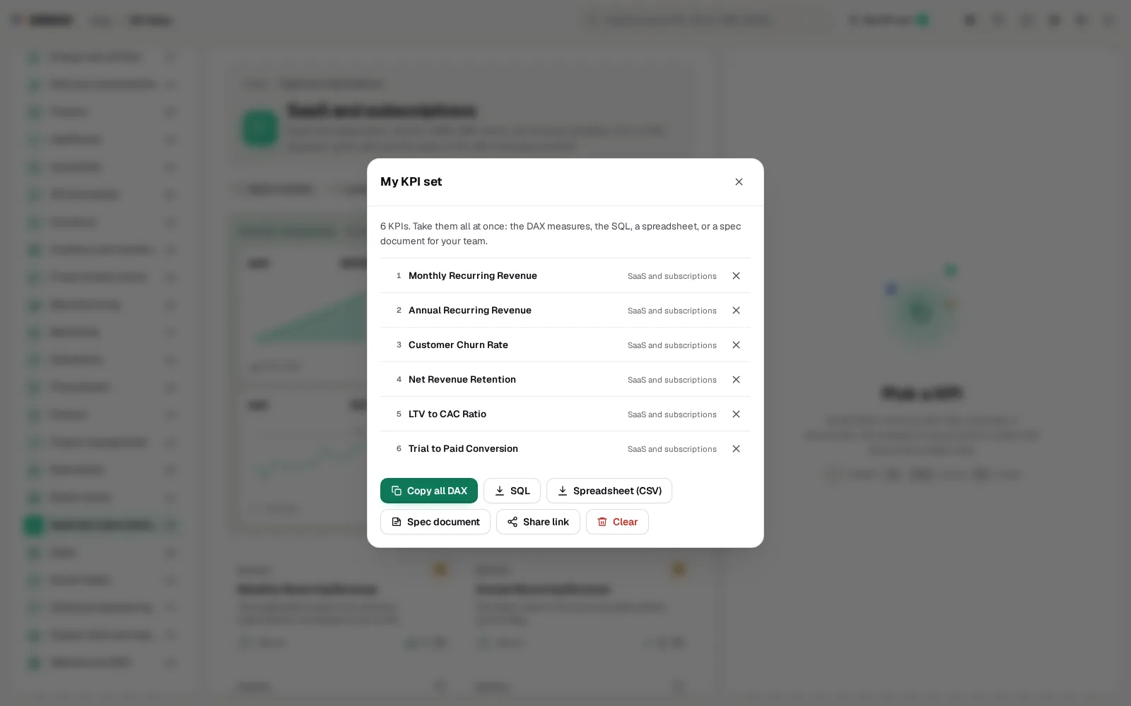 My KPI set with six KPIs and the export buttons