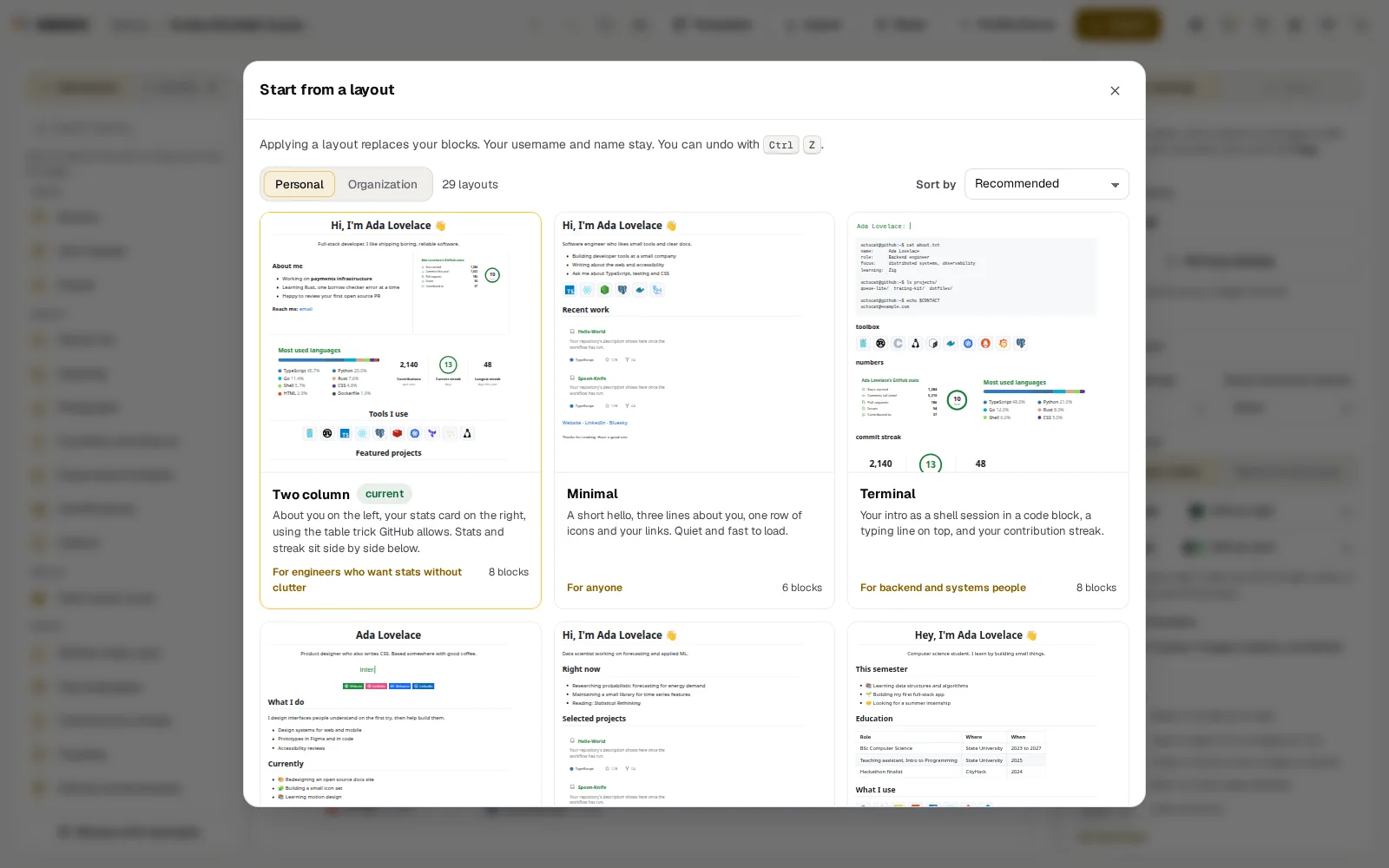 Start from a layout: the personal layouts as small previews, each with what it is for and how many blocks it has
