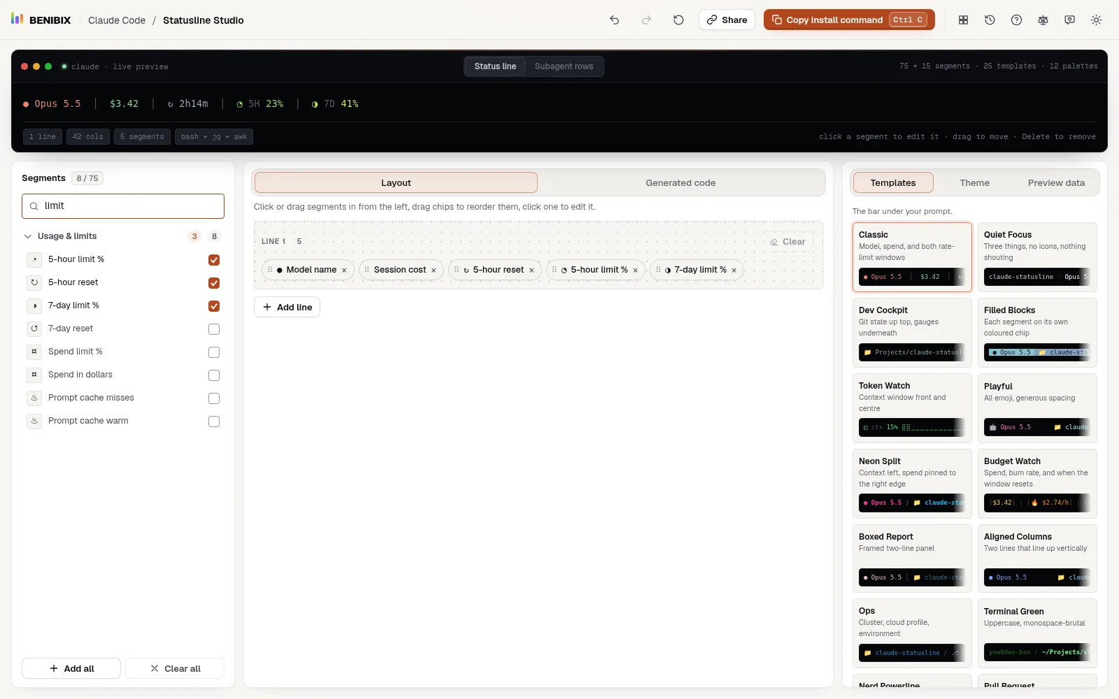 The Segments list searched for limit: the Usage & limits group with the 5-hour and 7-day limits, the spend limit and the prompt cache