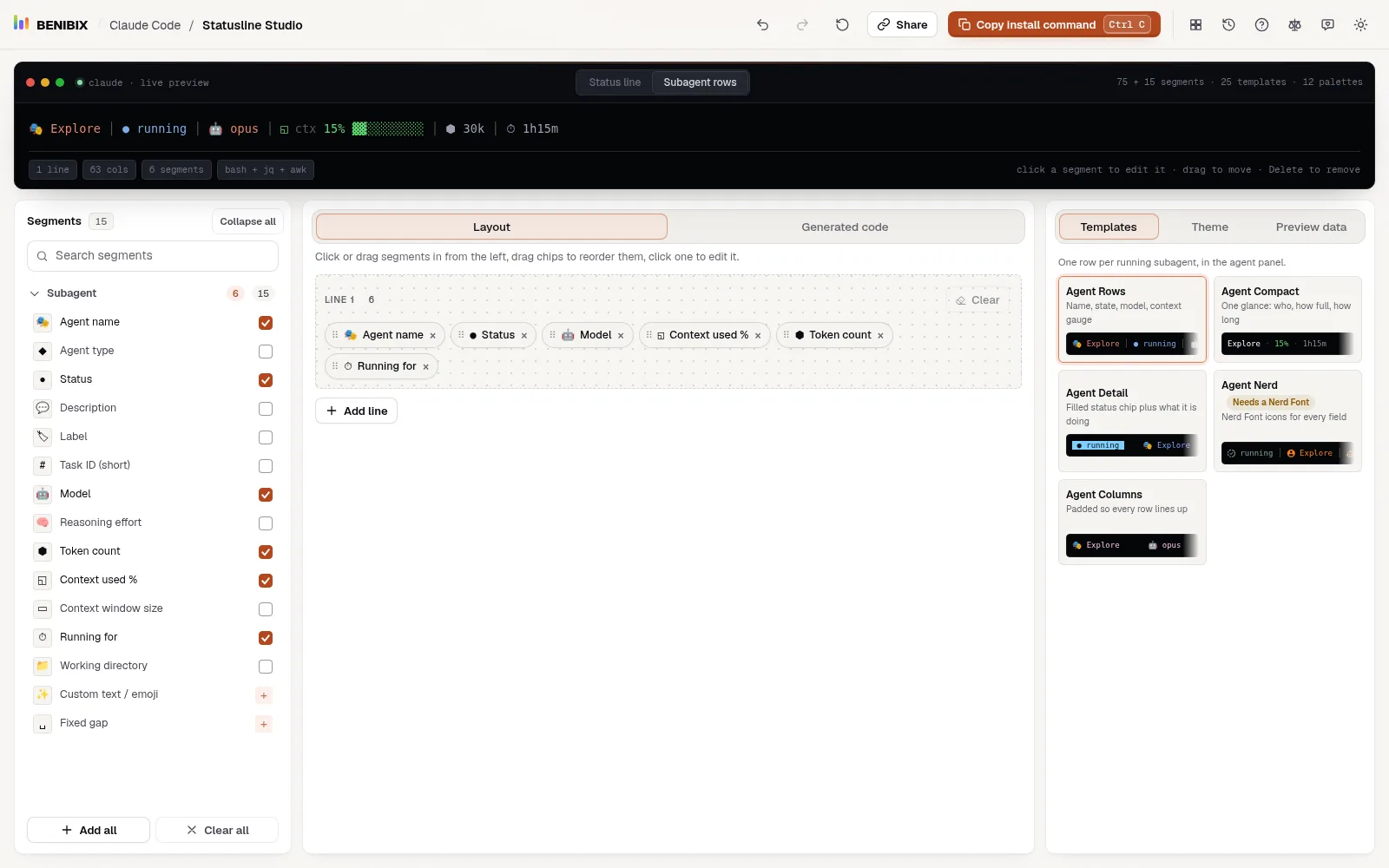 Subagent rows mode with the Agent Rows template: agent name, status, model, a context gauge, tokens and time in the preview