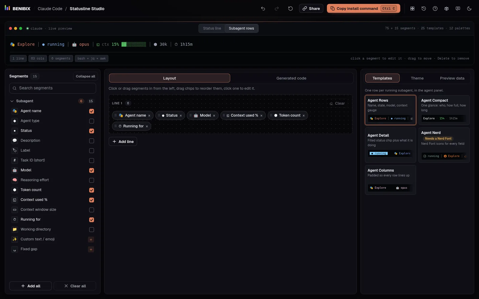 Subagent rows mode with the Agent Rows template: agent name, status, model, a context gauge, tokens and time in the preview