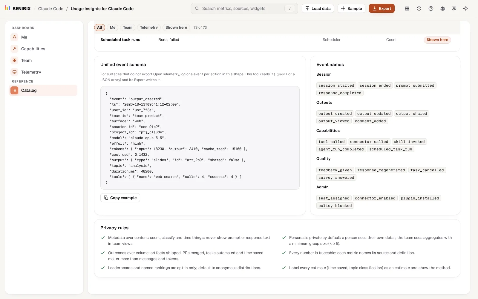 The unified event schema with an example event, and the recommended event names