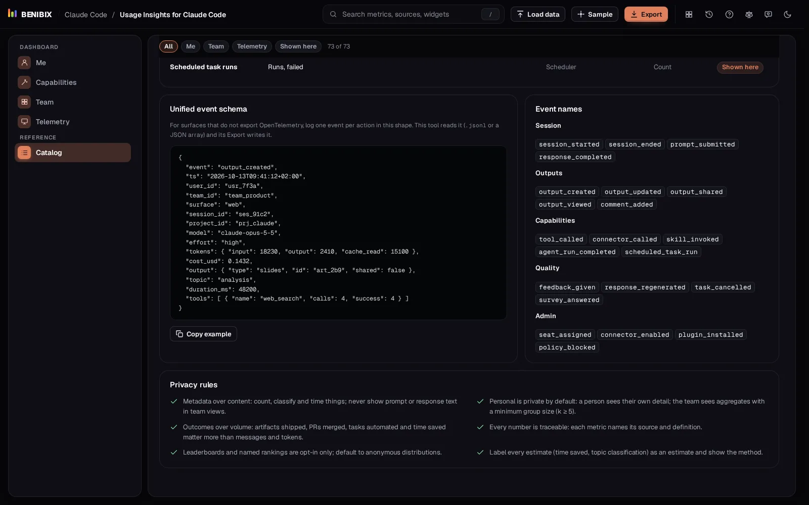 The unified event schema with an example event, and the recommended event names