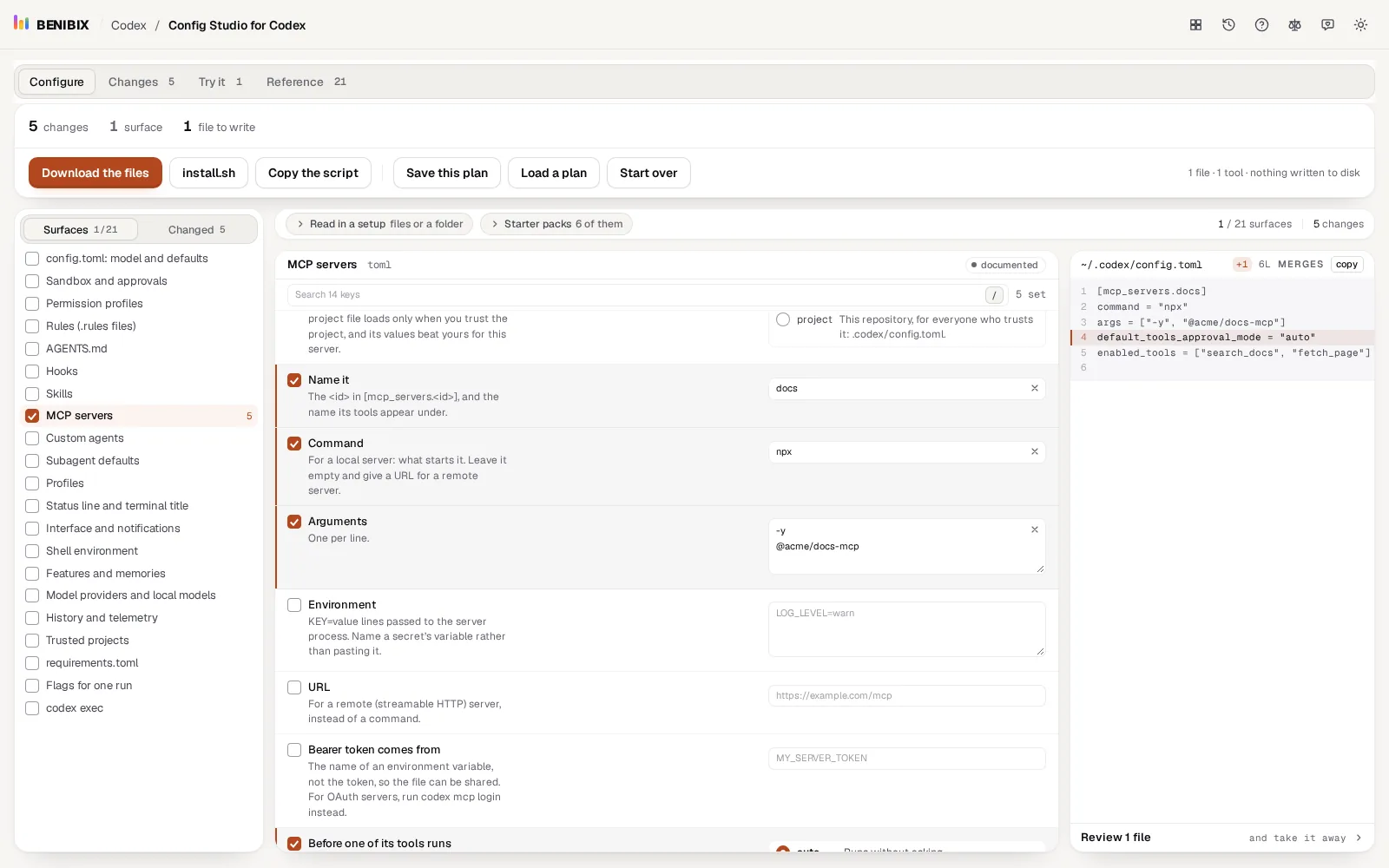 MCP servers in Config Studio for Codex: a docs server started with npx, limited to two tools, and its mcp_servers.docs table