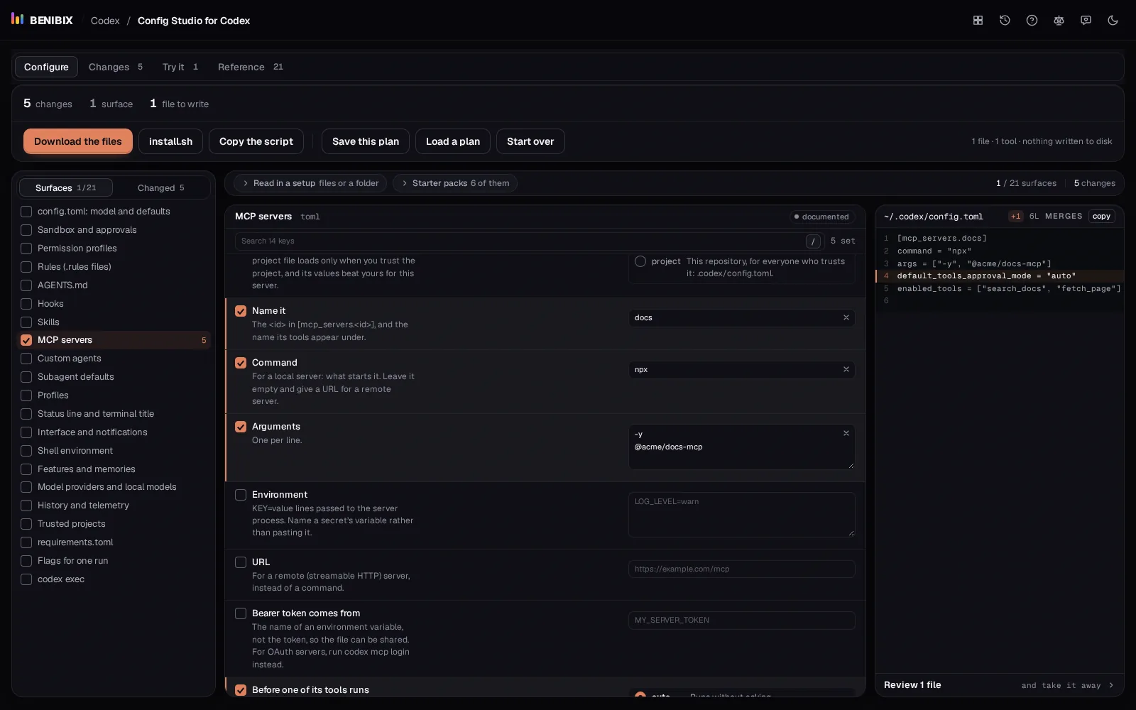 MCP servers in Config Studio for Codex: a docs server started with npx, limited to two tools, and its mcp_servers.docs table