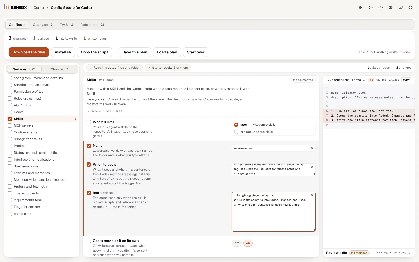 Skills in Config Studio for Codex: a release-notes skill with its description and steps, and the SKILL.md it writes
