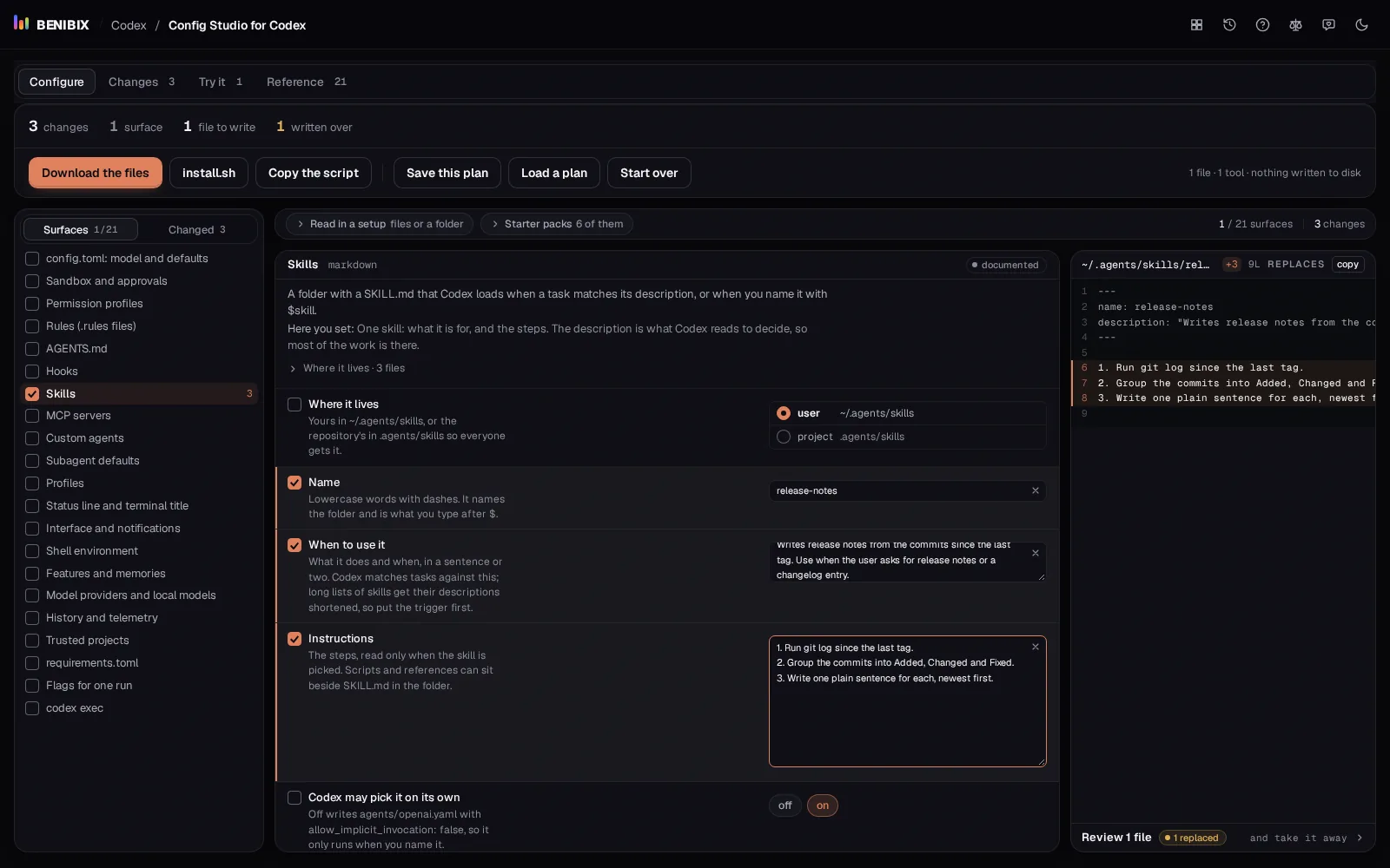 Skills in Config Studio for Codex: a release-notes skill with its description and steps, and the SKILL.md it writes