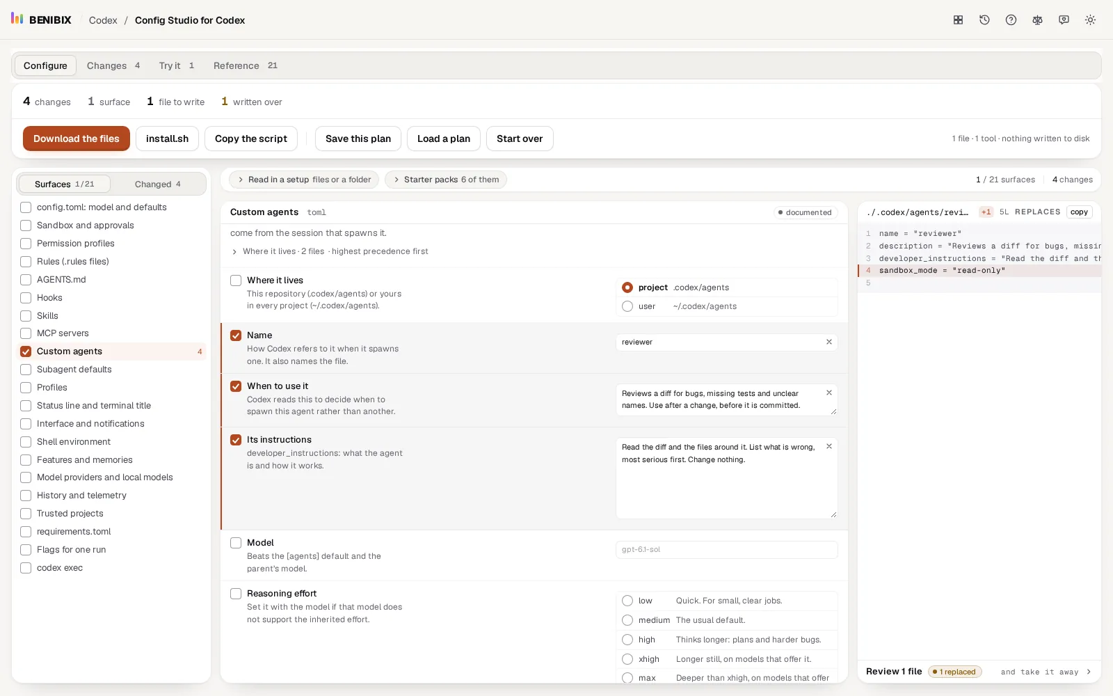Custom agents in Config Studio for Codex: a read-only reviewer agent and its .codex/agents/reviewer.toml