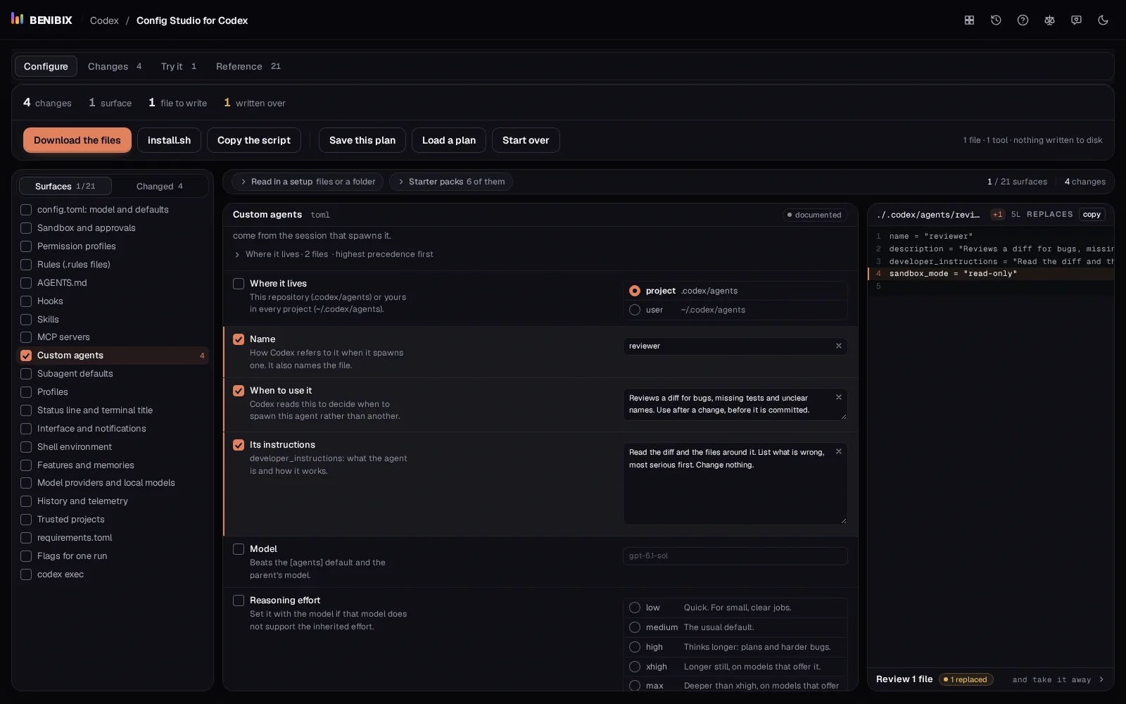 Custom agents in Config Studio for Codex: a read-only reviewer agent and its .codex/agents/reviewer.toml