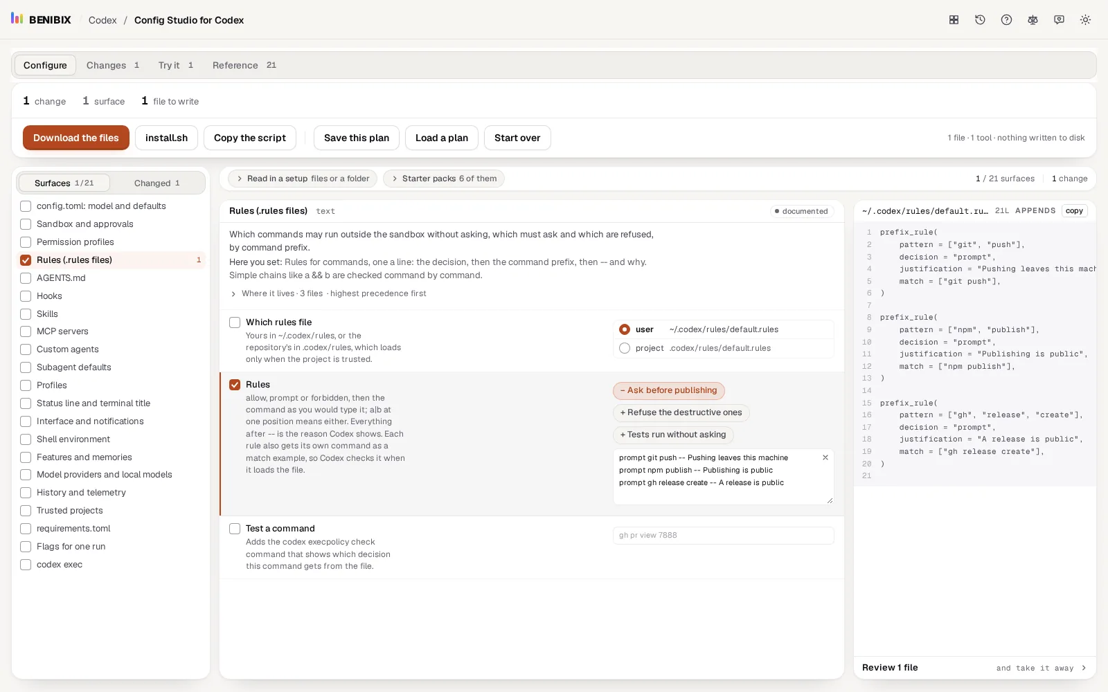 Rules in Config Studio for Codex with Ask before publishing added: three prompt rules and the prefix_rule file they become