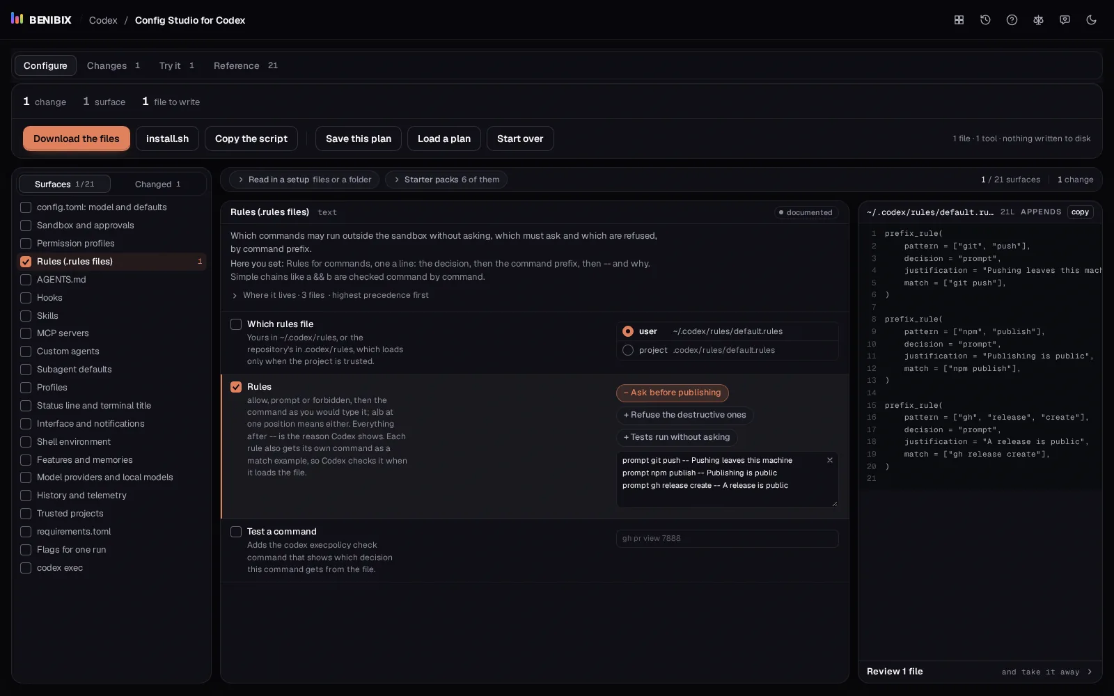 Rules in Config Studio for Codex with Ask before publishing added: three prompt rules and the prefix_rule file they become
