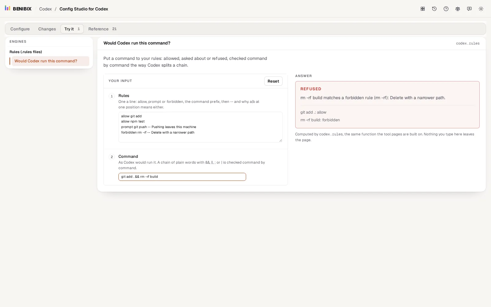 Try it in Config Studio for Codex: the rules, a chained command, and the answer Refused with the rule that matched