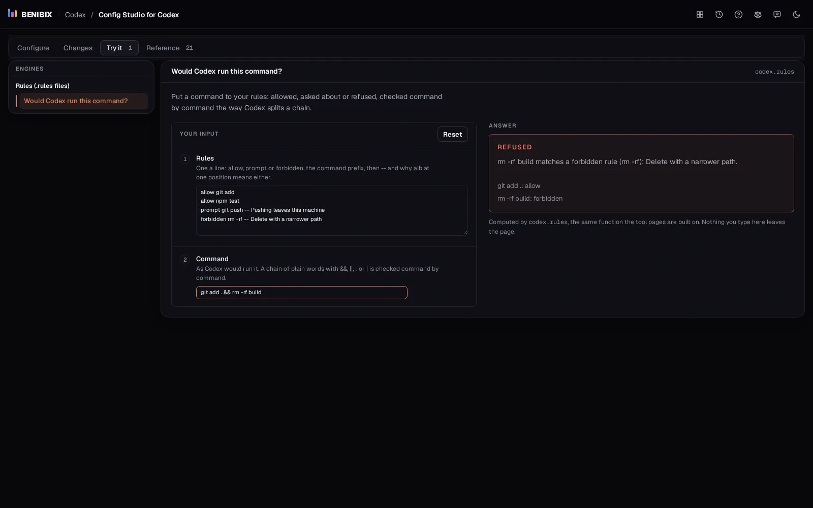 Try it in Config Studio for Codex: the rules, a chained command, and the answer Refused with the rule that matched