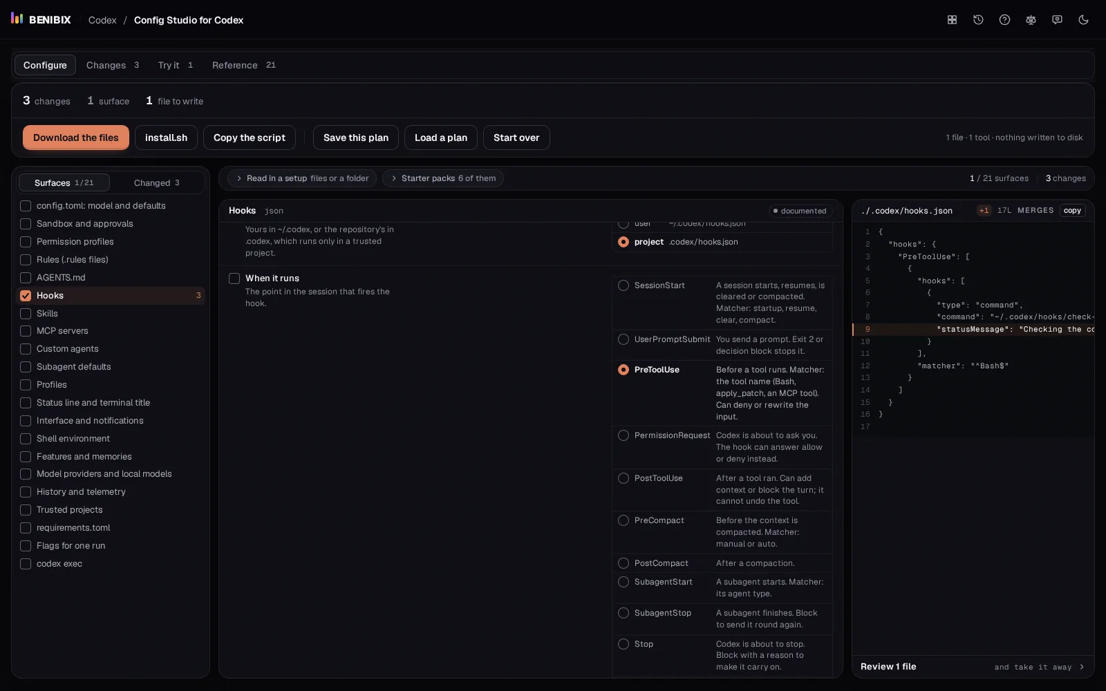 Hooks in Config Studio for Codex: a PreToolUse hook on Bash with a command, and the hooks.json it writes